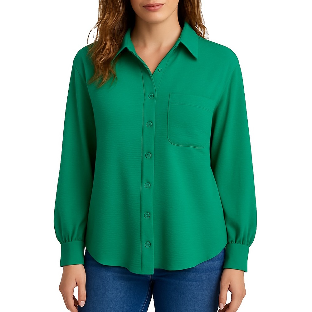 Womens S Green Textured Collared Blouse NWT Button Front Long‎ Sleeve Shirt